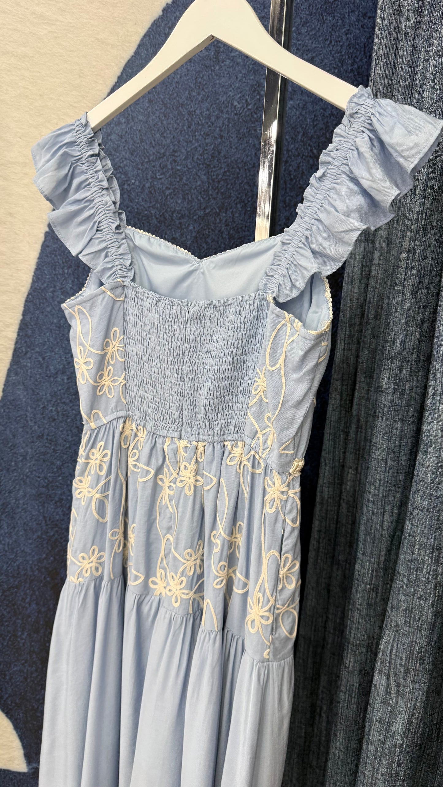 Floral Embroidery Midi Dress Blue