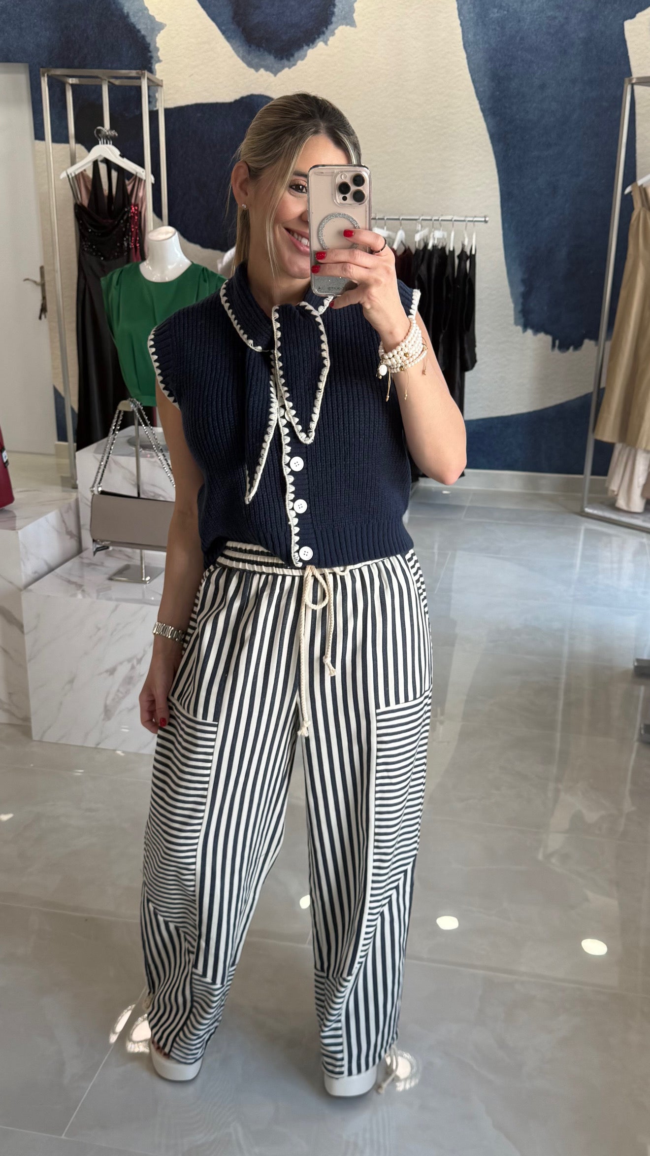 Mineral Stripe Pant With Drawstring Leg Navy