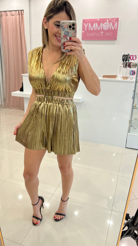 Pleated Cut Out Romper Gold