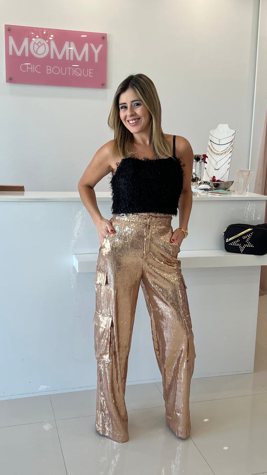 Sequin Cargo Wide Trousers - Rose Gold