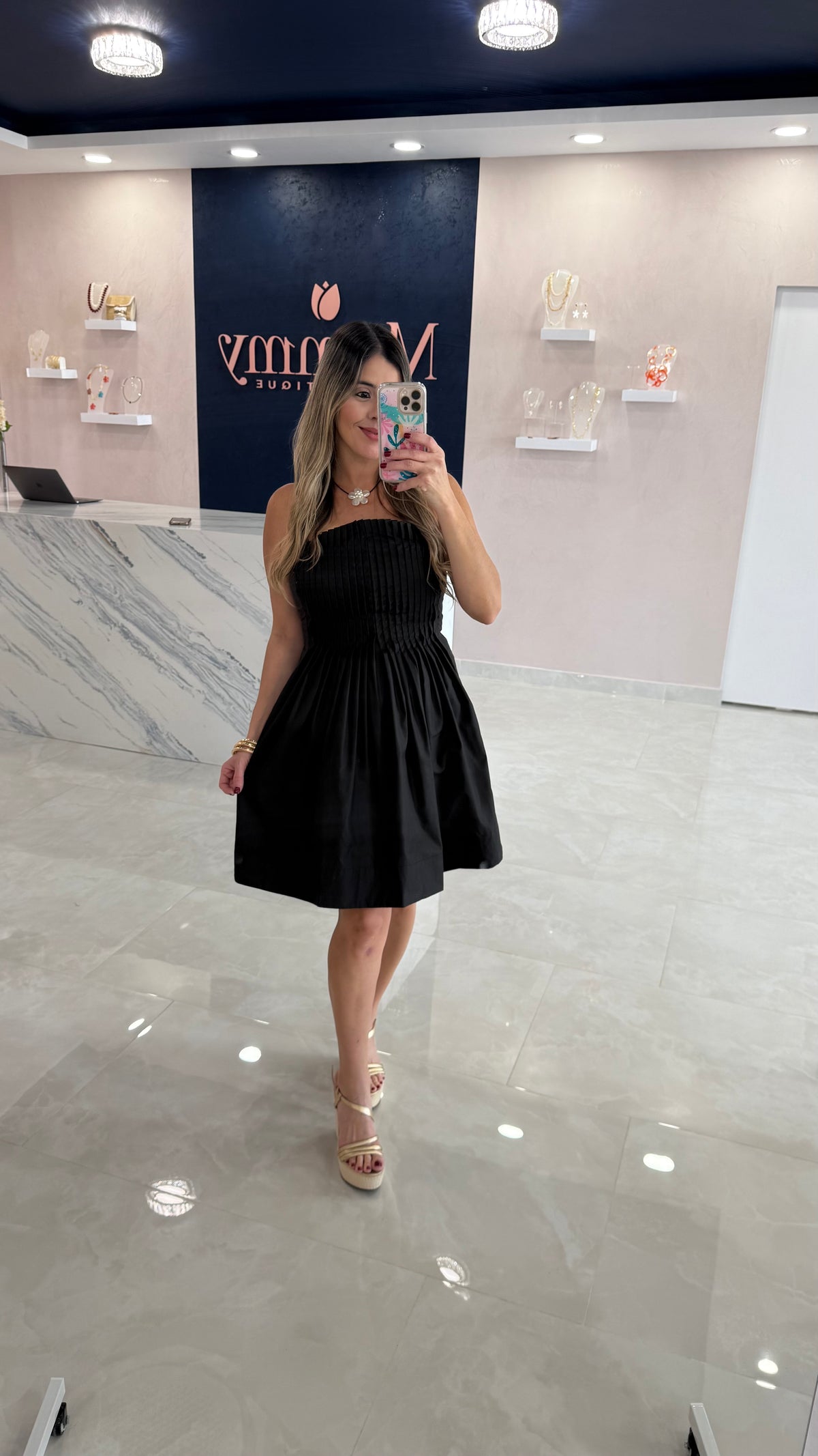 Pleated Cotton Dress Black