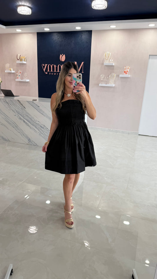 Pleated Cotton Dress Black