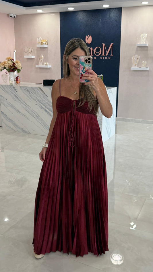 Pleated Satin Maxi Dress Burgundy
