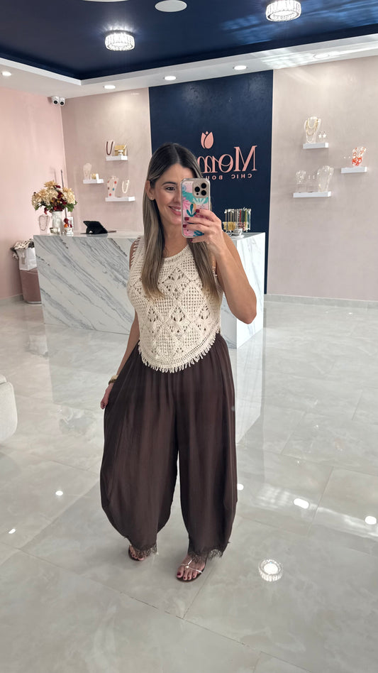 Barrel With Lace Light Weight Pant Chocolate
