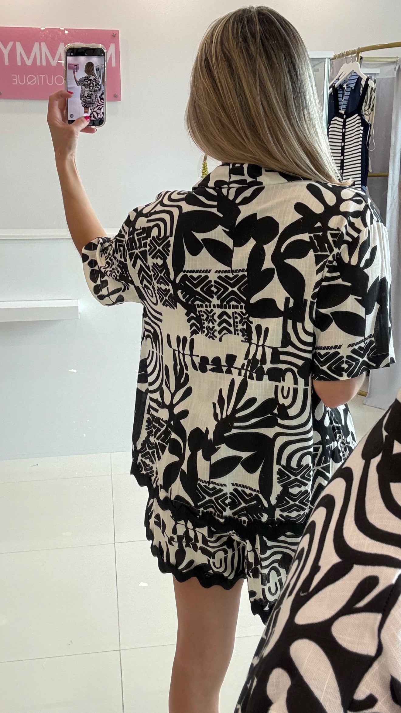 Printed Linen Top & Short Set Black