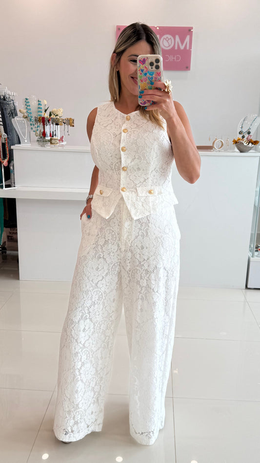 Lace Vest & Pant Set White