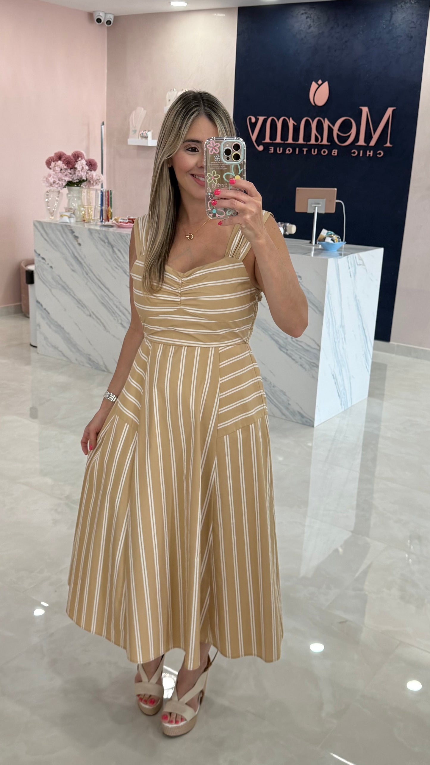 Stripped Midi Dress Taupe