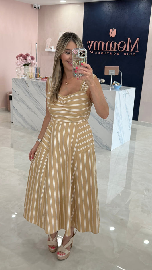 Stripped Midi Dress Taupe