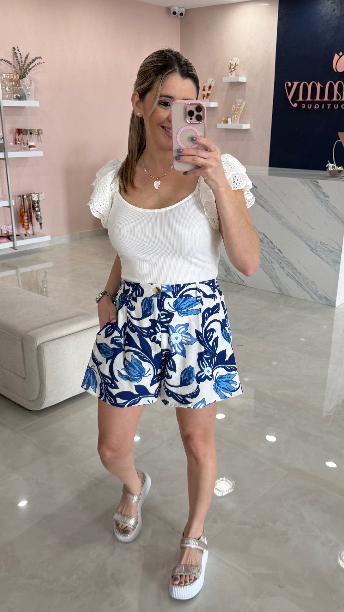 Printed Short Blue / White