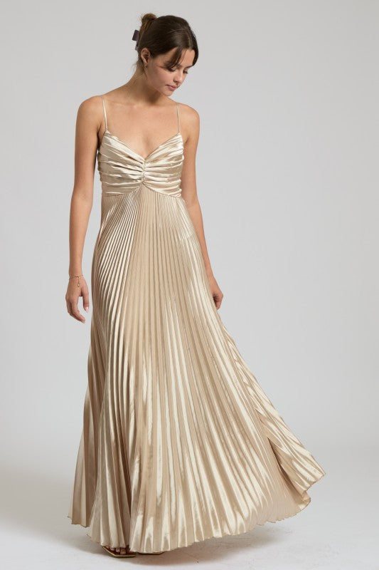 Pleated Satin Maxi Dress Champagne