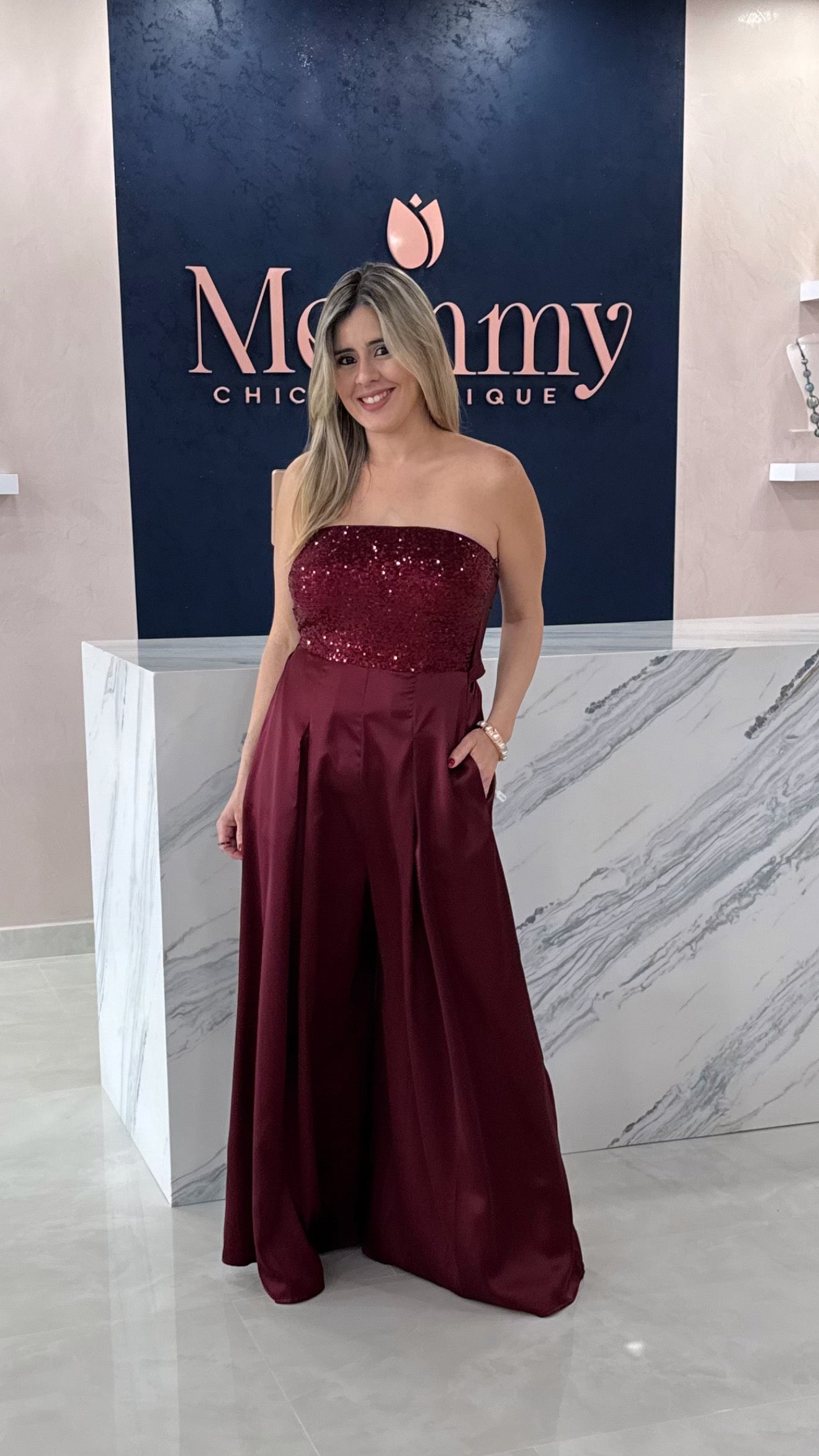 Sequin & Satin Jumpsuit Burgundy