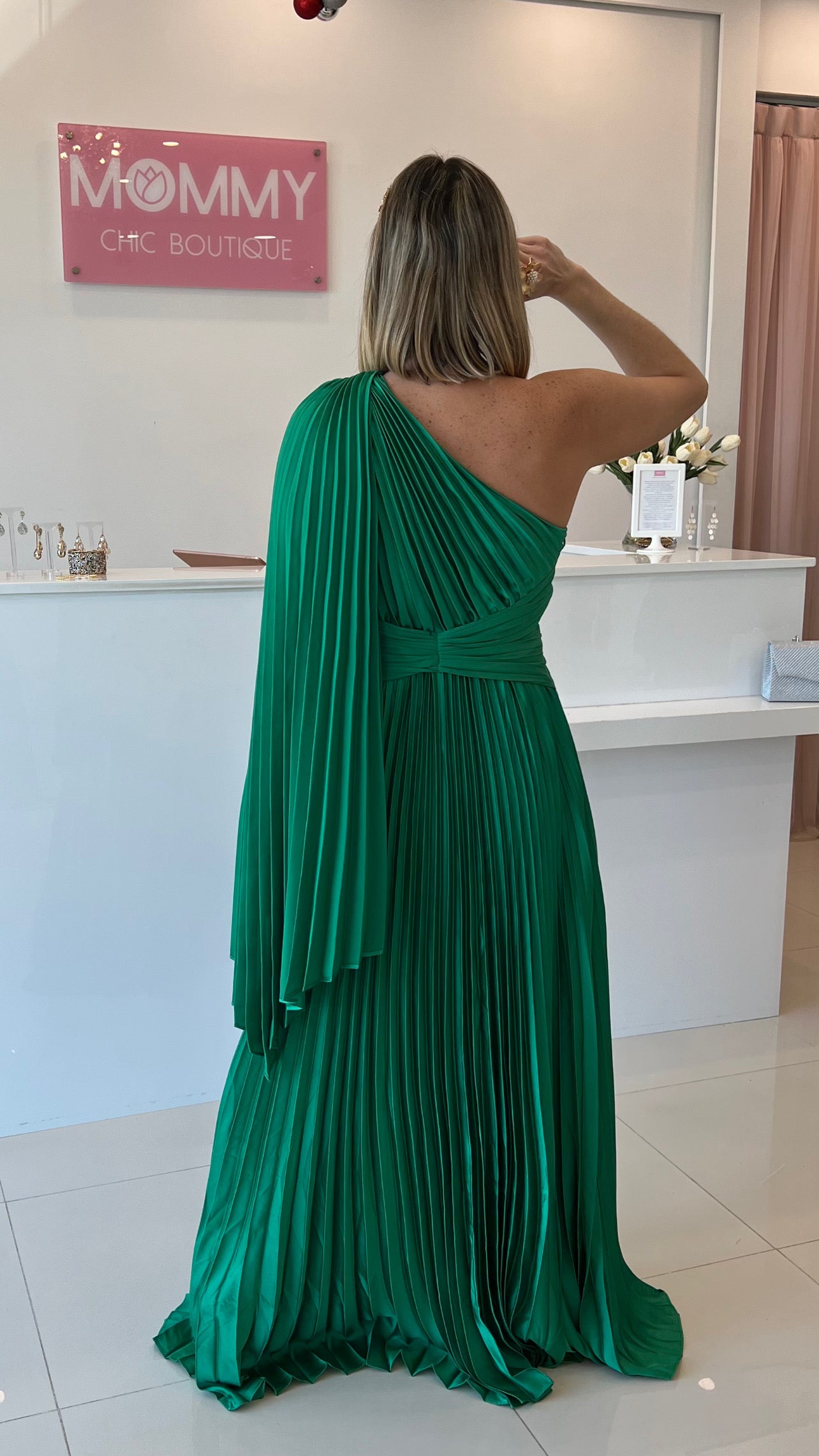 One Shoulder Pleated Maxi Dress Green