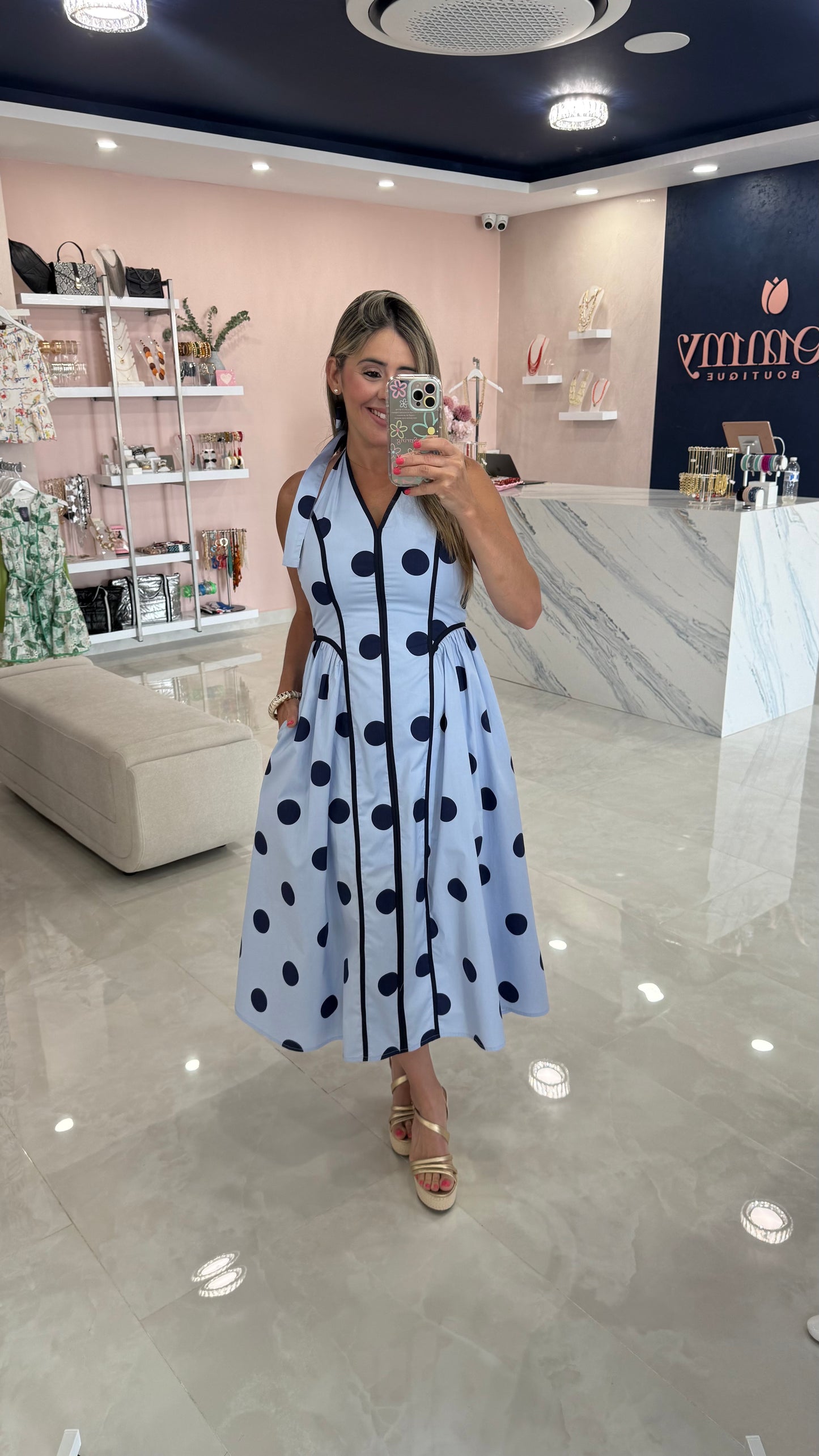 Polka Dots Midi Dress Blue