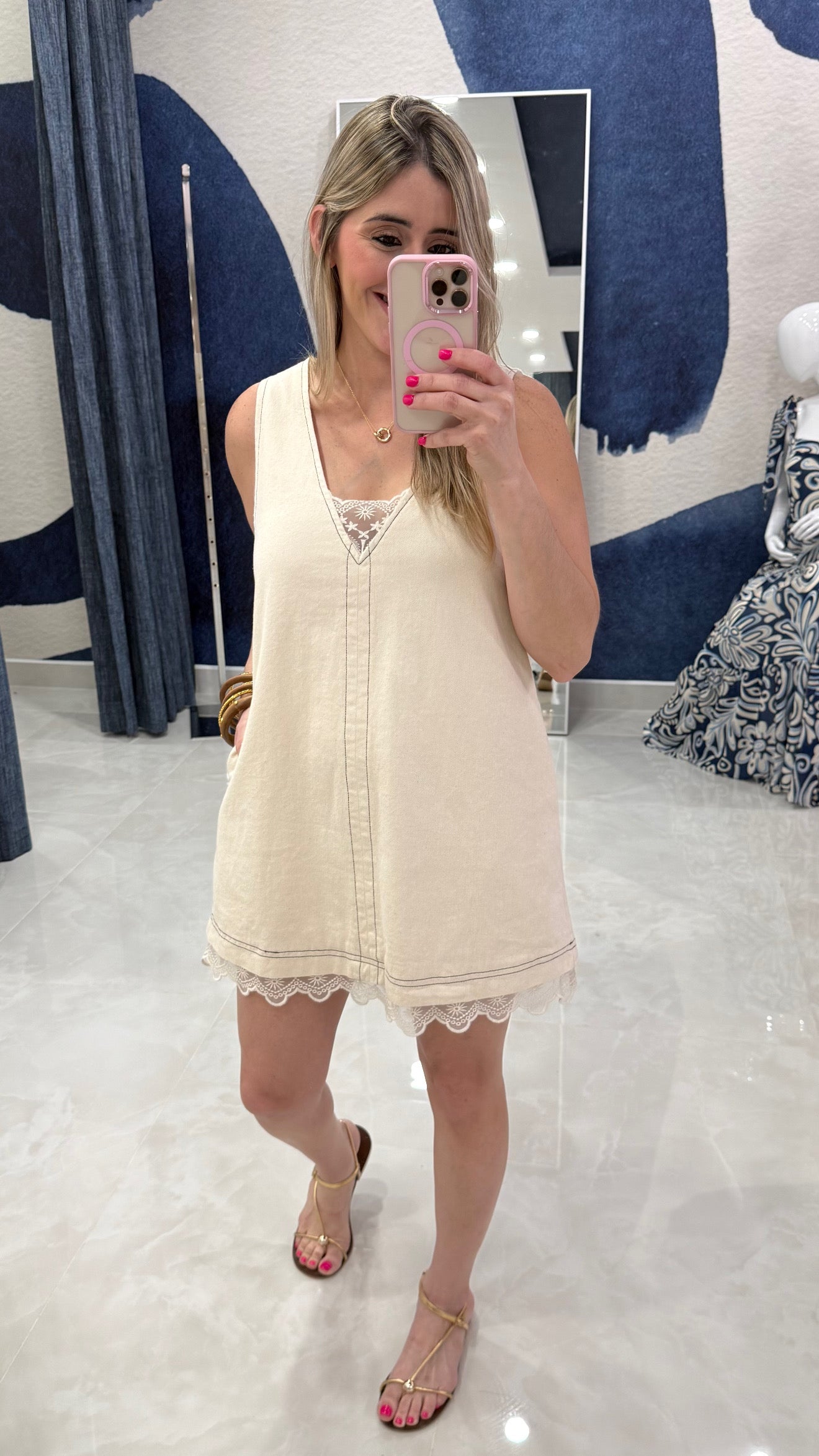 V Neck Denim Dress With Lace Cream