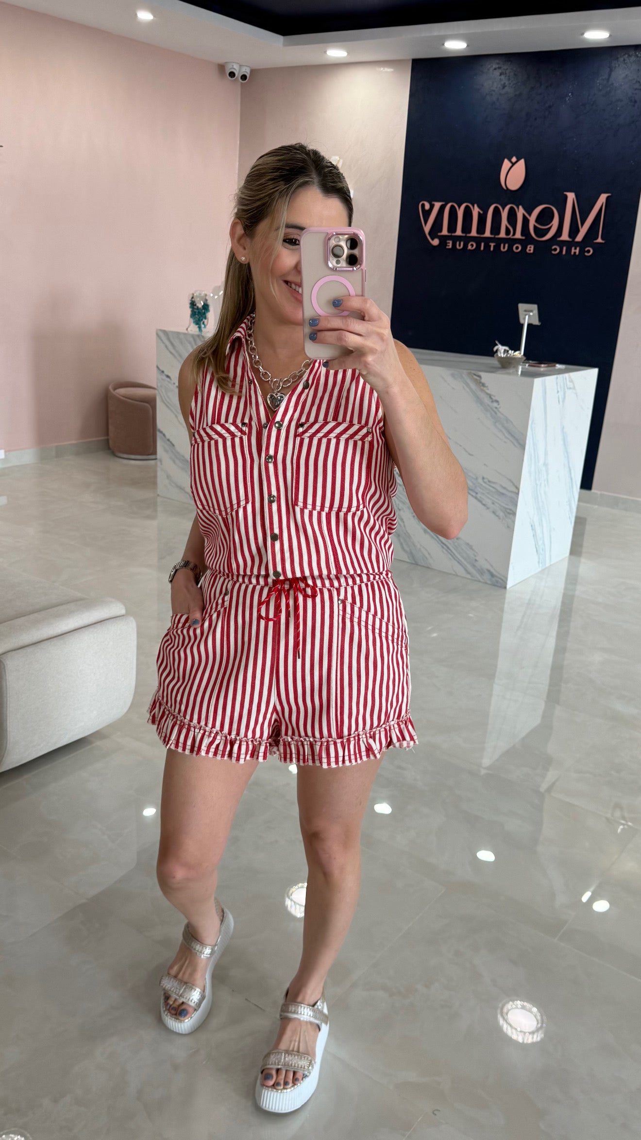 Stripe Mineral Romper Red