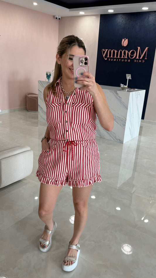 Stripe Mineral Romper Red