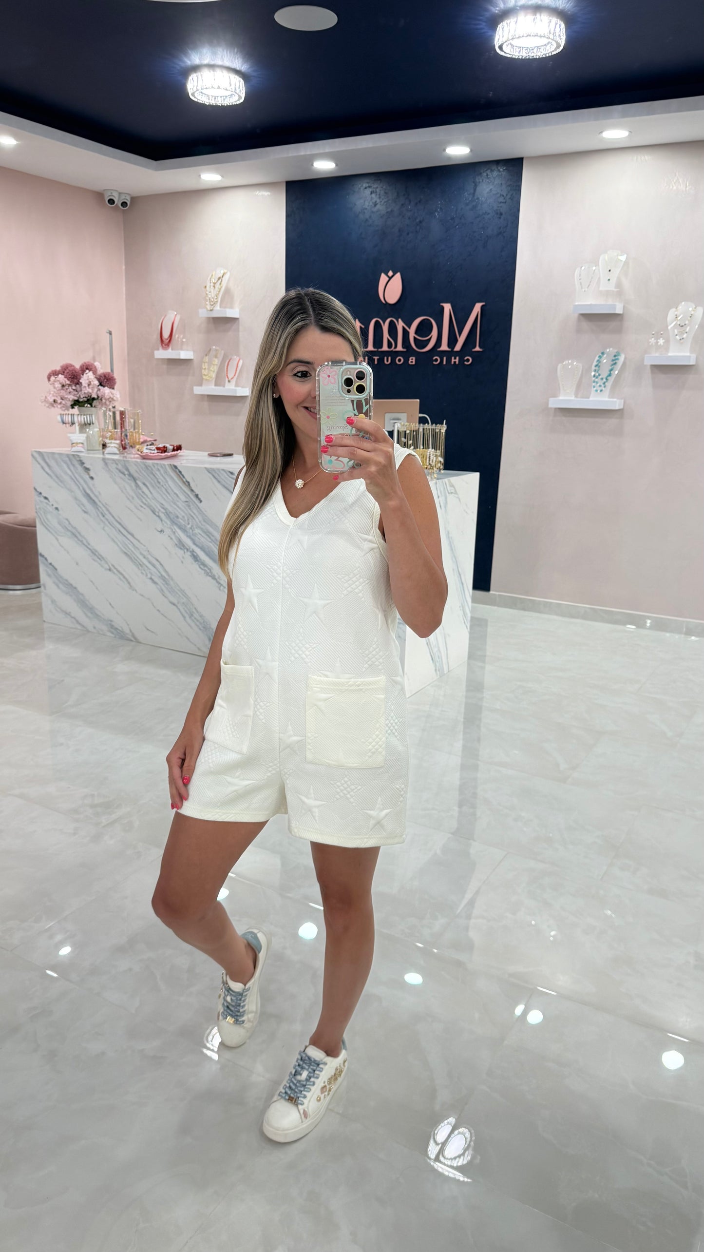 Textured & Stars Romper Off White
