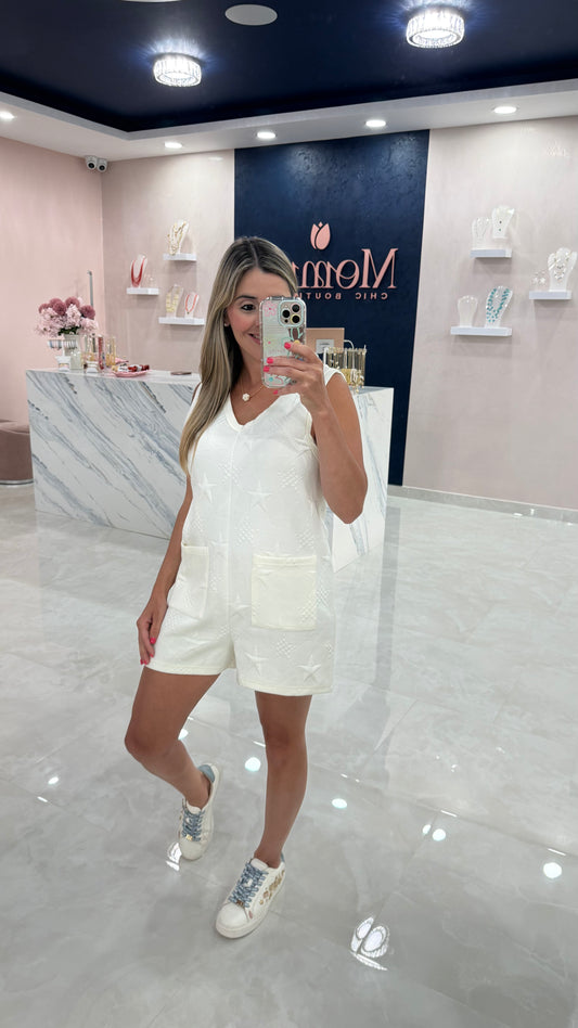Textured & Stars Romper Off White