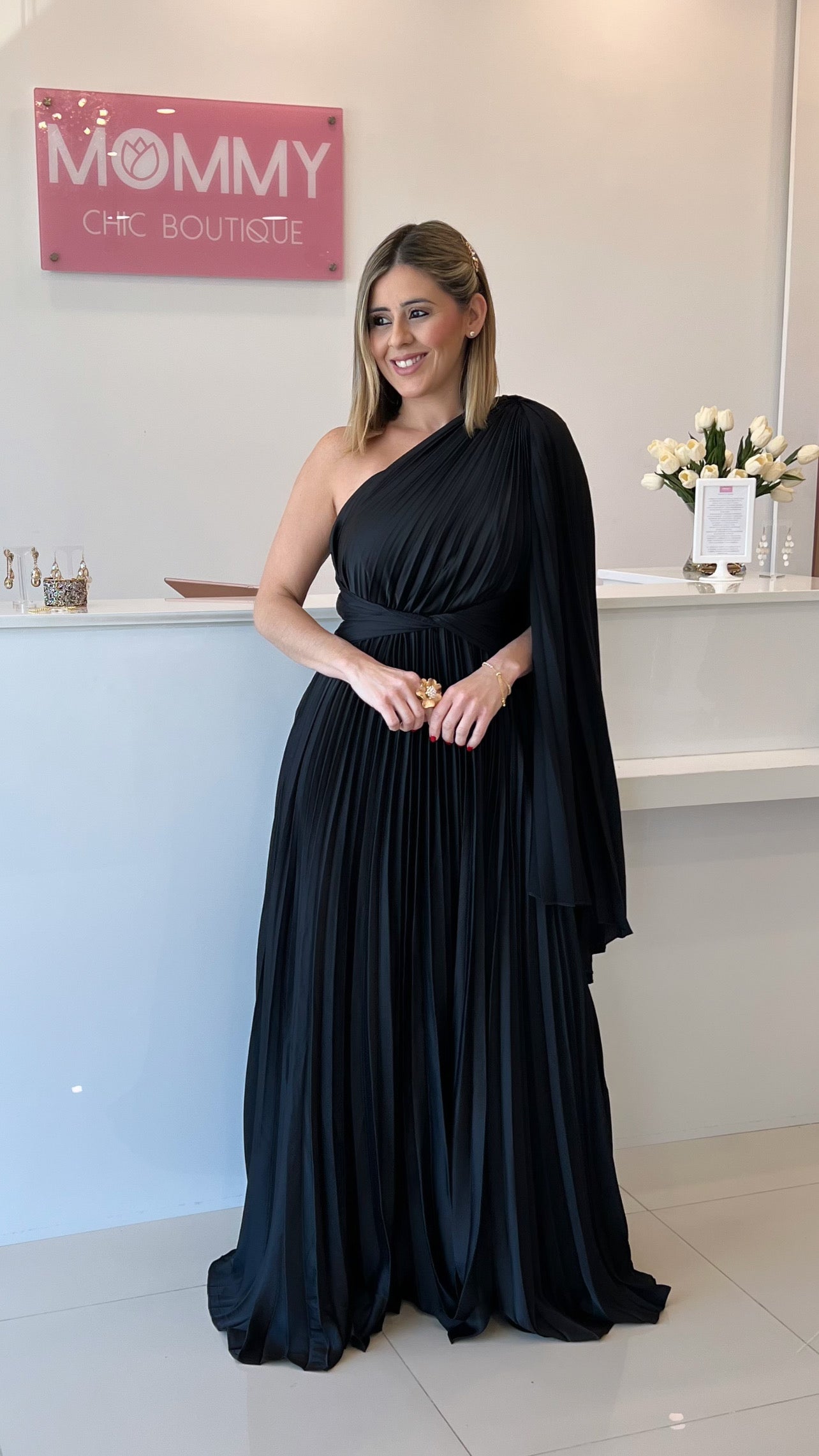 One Shoulder Pleated Maxi Dress