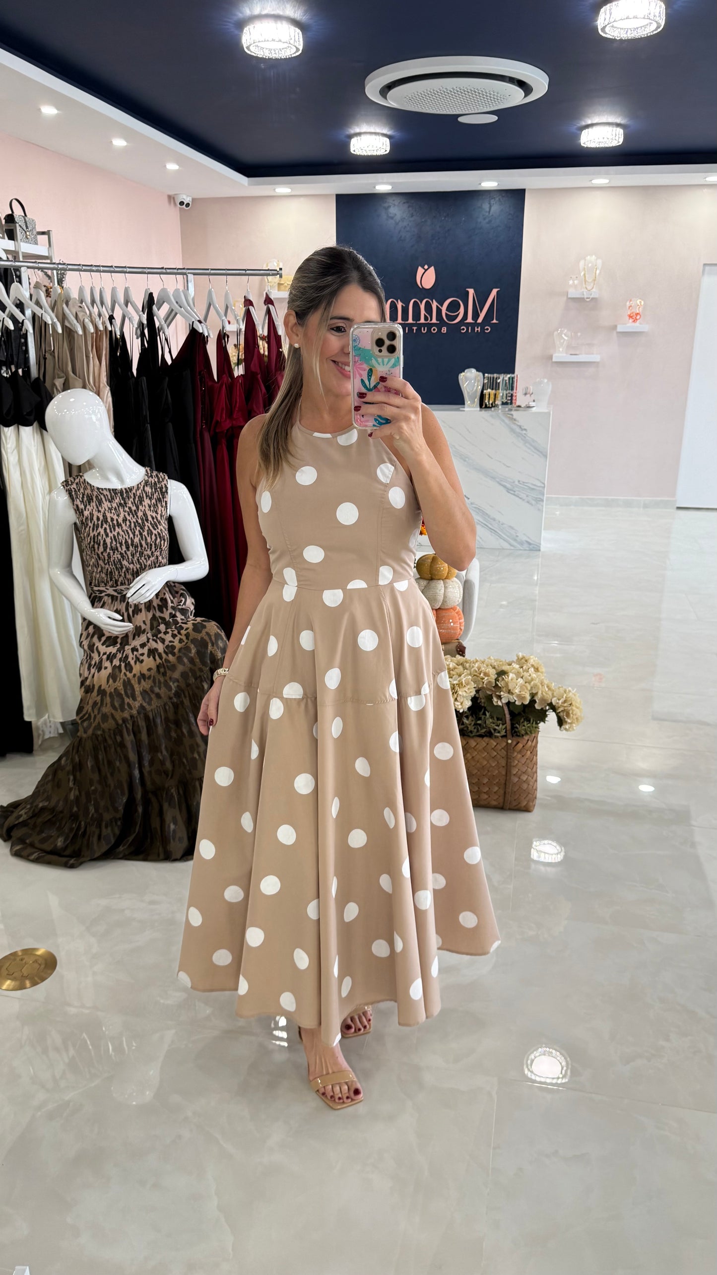 Polka Dots Halter Dress Taupe