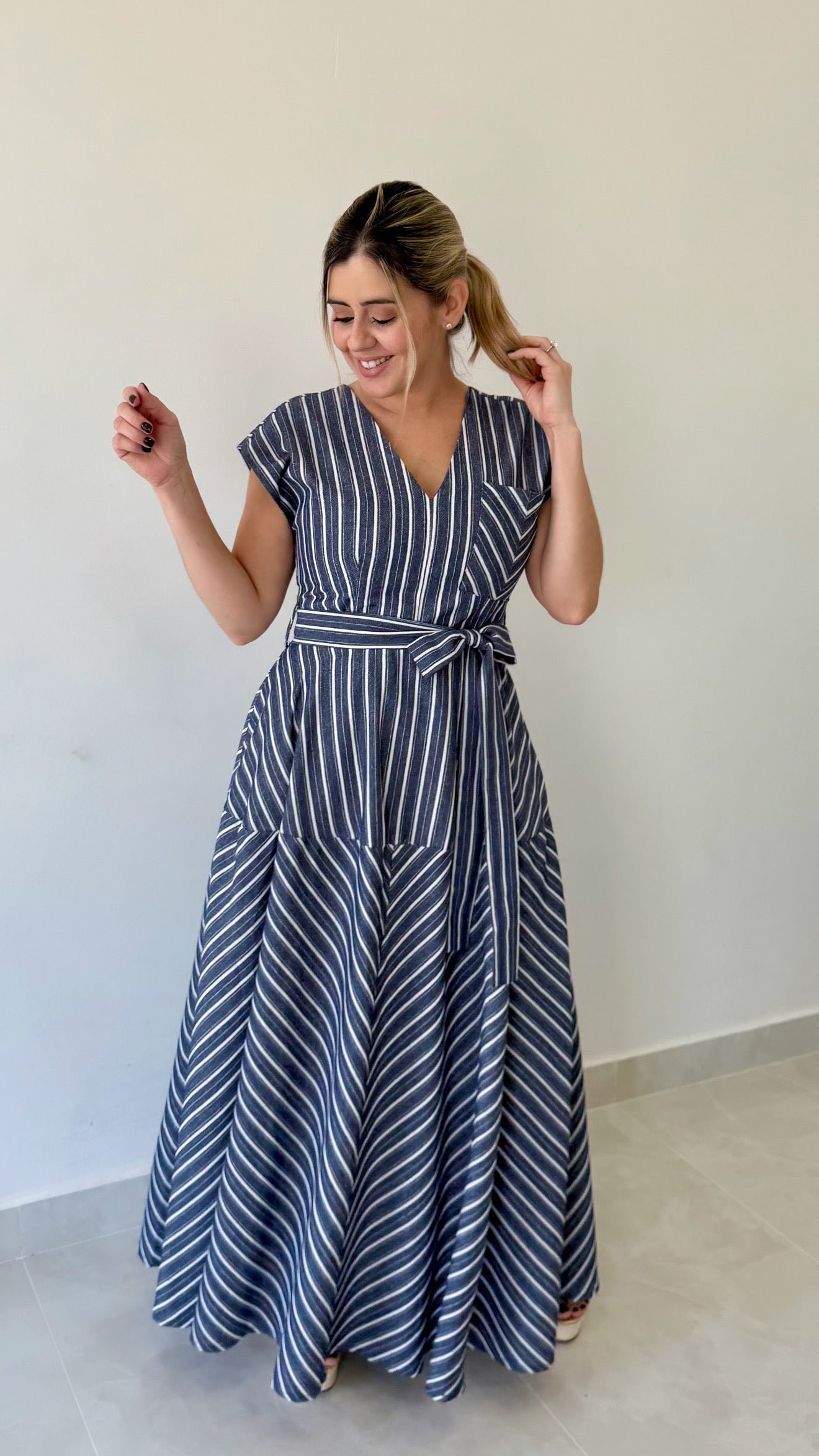 V Neck Stripe Maxi Dress