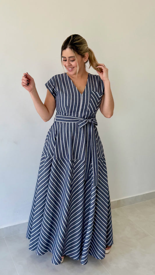 V Neck Stripe Maxi Dress
