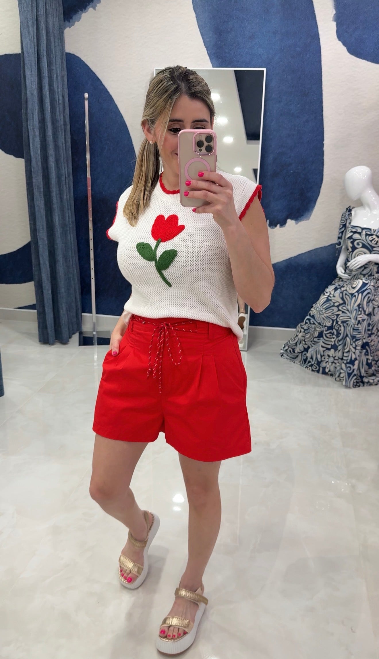 Rope Belt Pleated Short Red