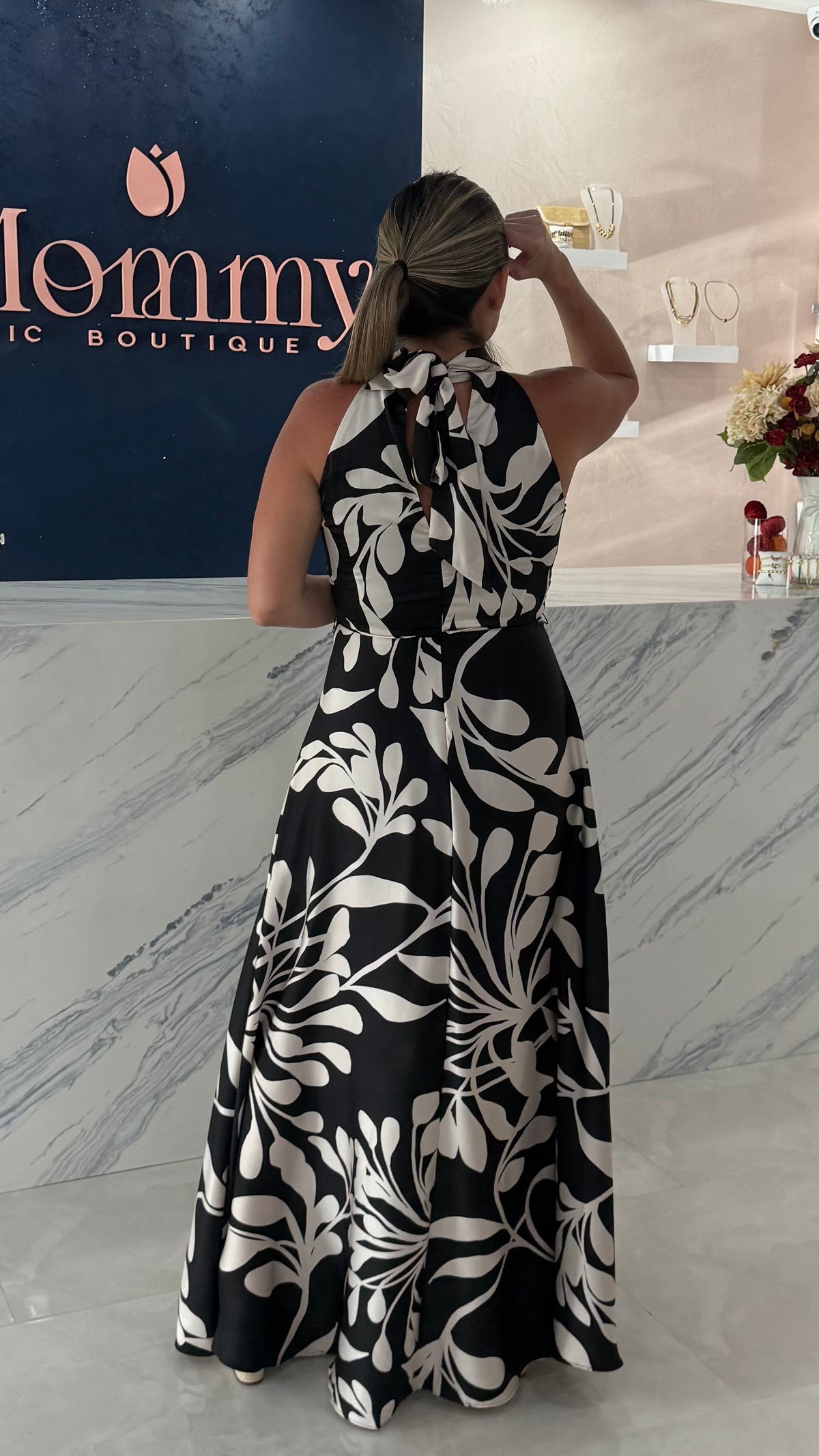 Halter Satin Printed Maxi Dress