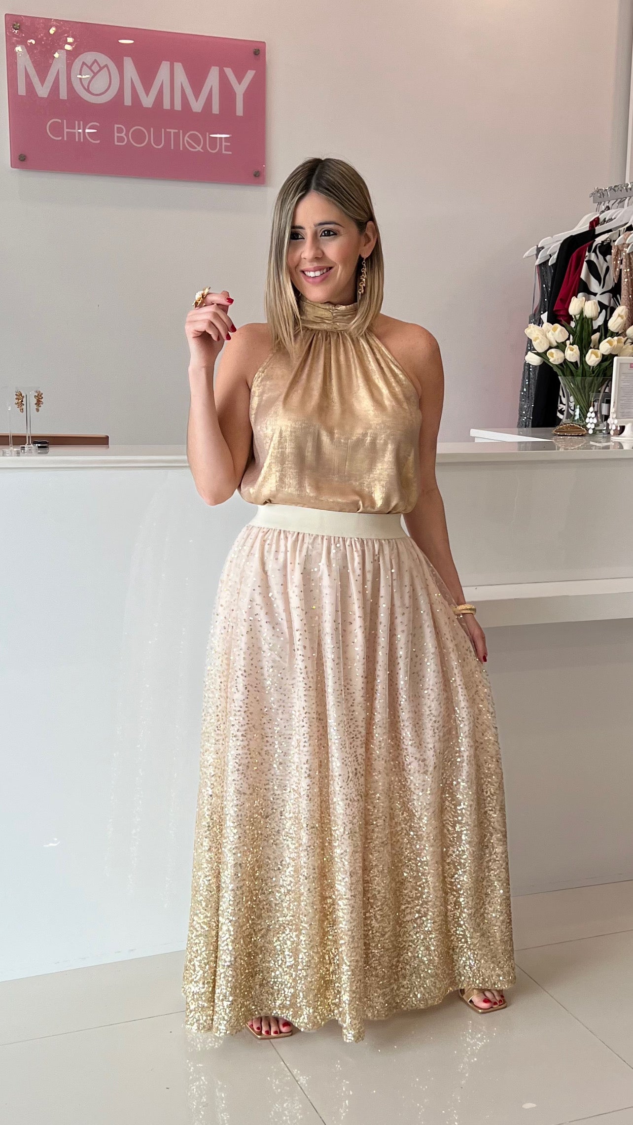 Sequins Maxi Skirt Tulle Gold