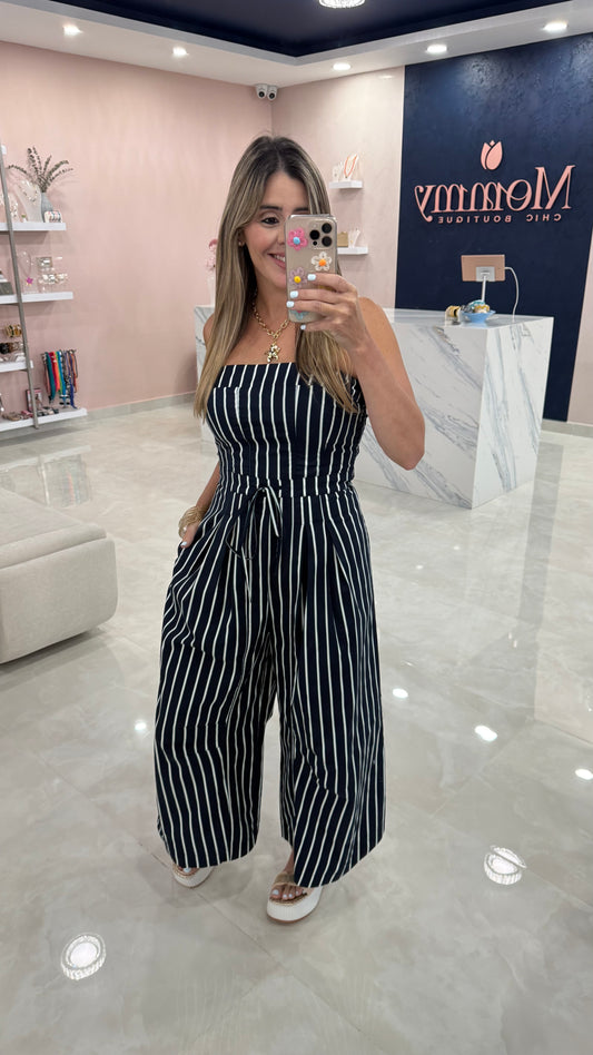 Strapless Stripe Jumpsuit Navy