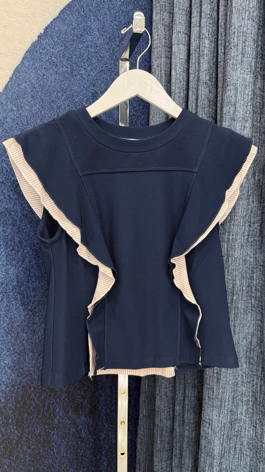 Ruffle Sleeve Top Navy