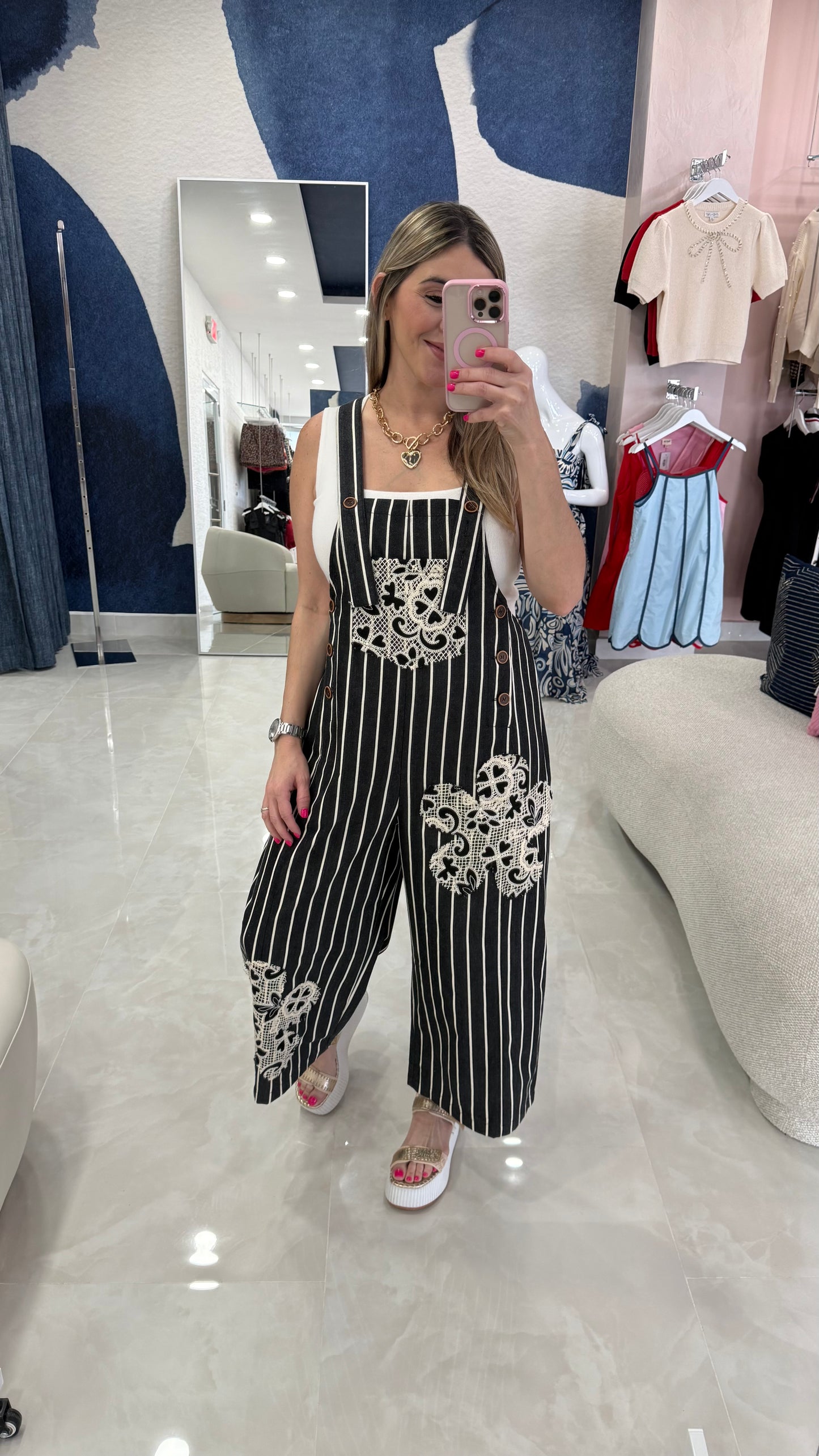 Denim Overall Flower Crochet Patch BLk