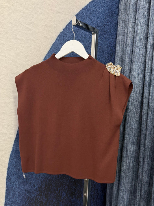Gold Accent Shoulder Top Brown