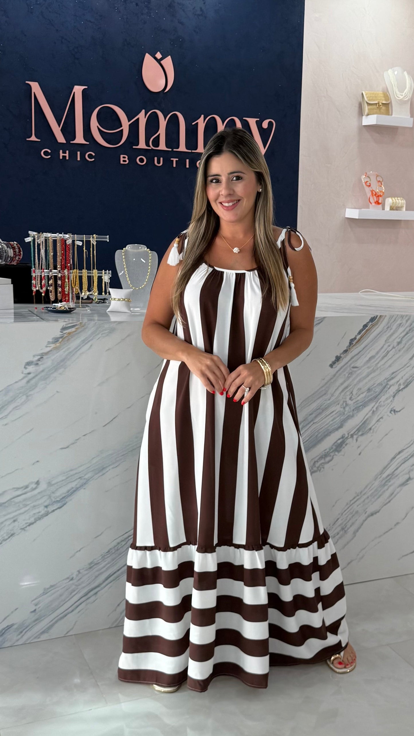 Vertical Maxi Dress Brown / White