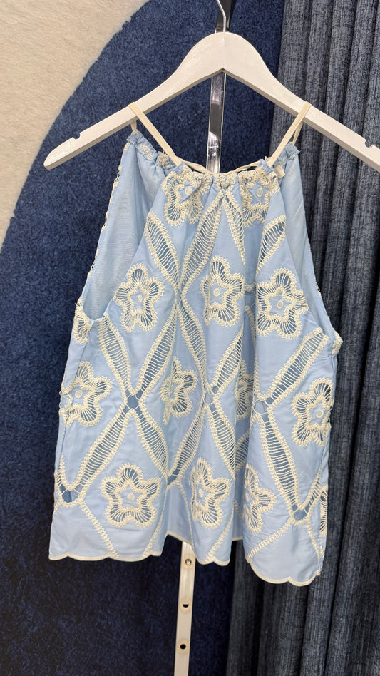 Embroidery Sleeveless Top Blue