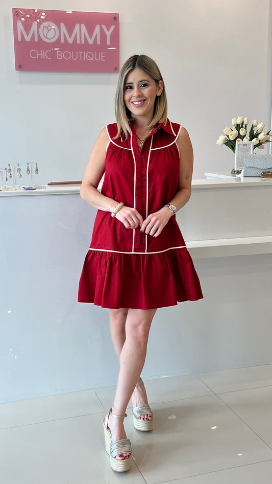 Collared Short Dress Crimson