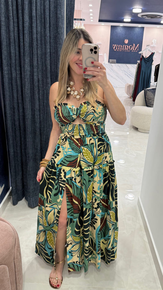 Cutout Smocked Printed Maxi Dress