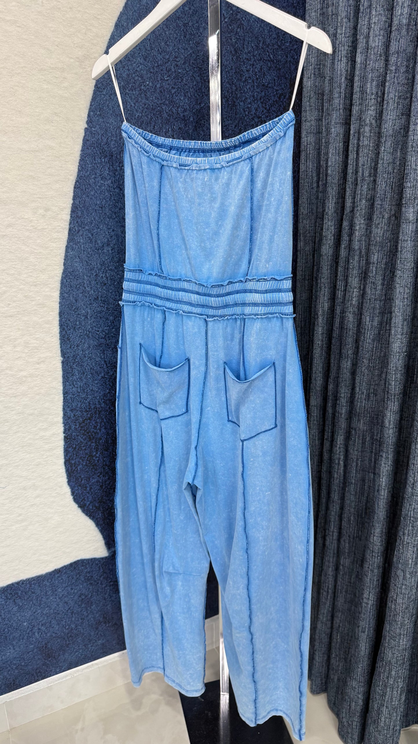 Blue Mineral Washed Strapless Jumpsuit