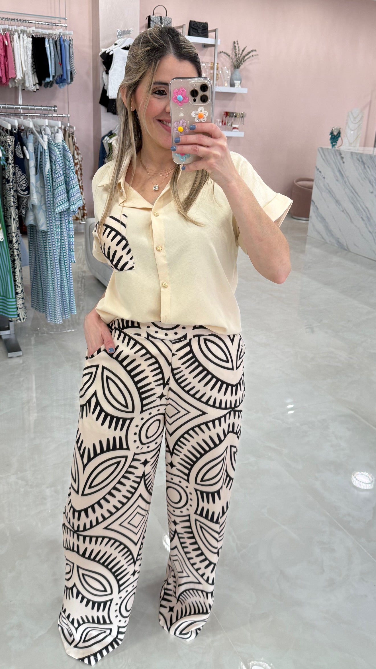Printed Top & Pant Set Beige