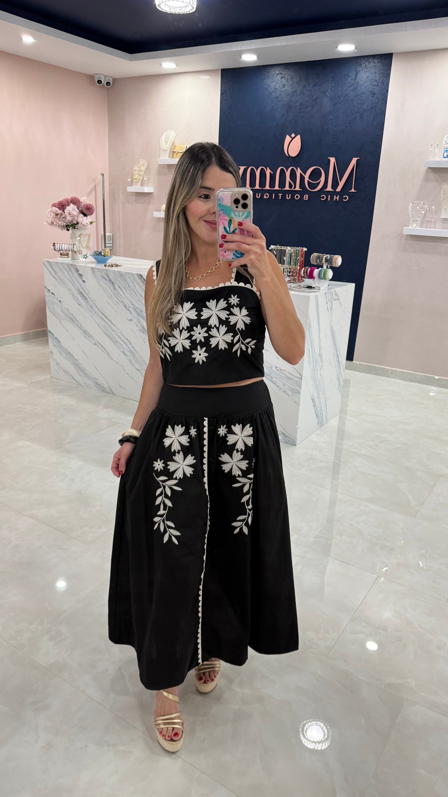 Embroidery Top & Skirt Set Black