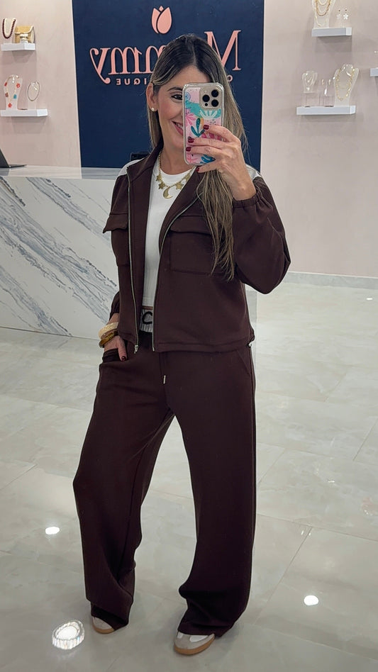 Cloud Contrast Zip Jacket & Pant Set Chocolate