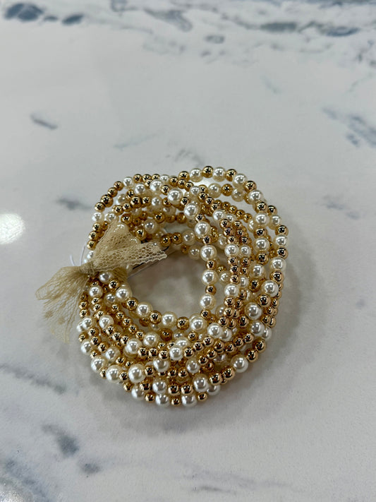 Beaded & Pearl Elastic Bracelet Set (10pc)