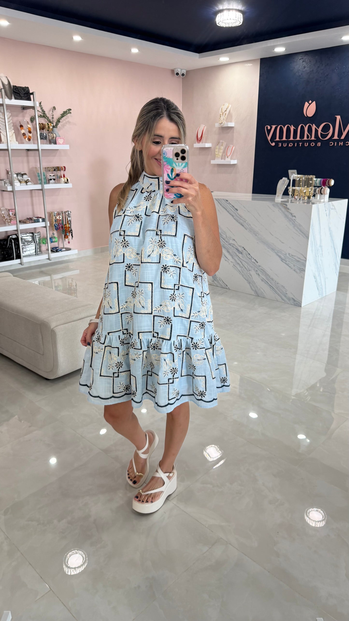Halter Embroidery Dress Blue (Oversized)
