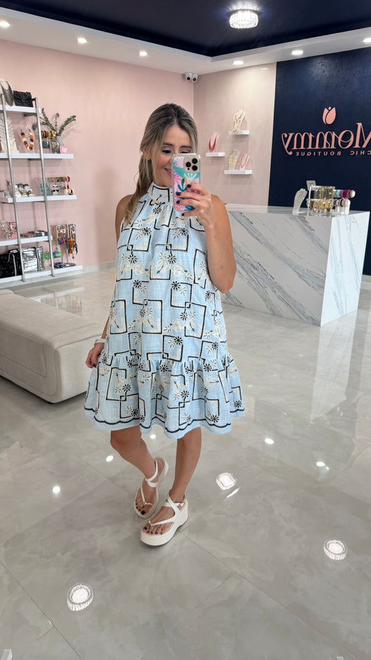 Halter Embroidery Dress Blue (Oversized)