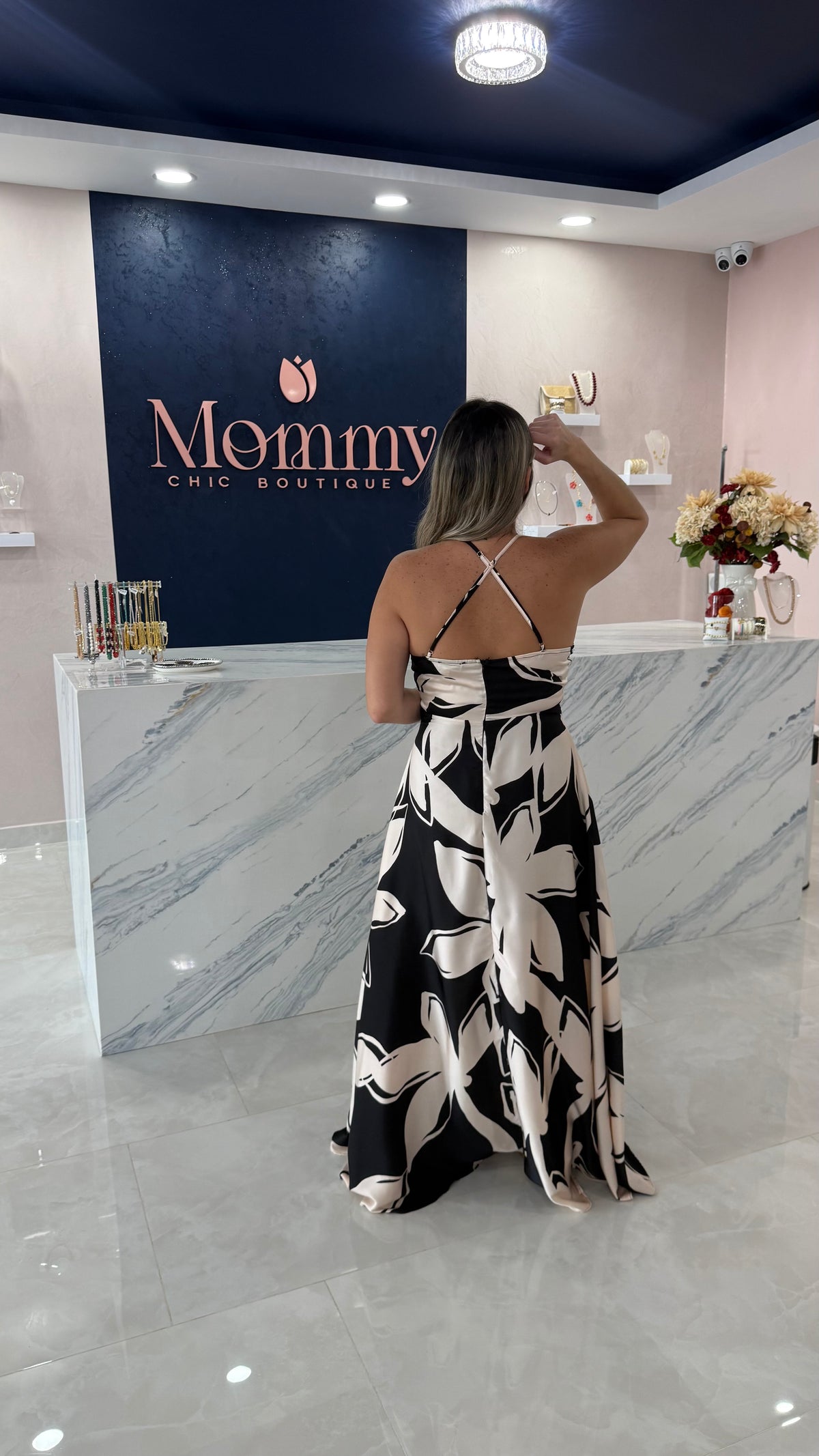 Printed Satin Maxi Dress Black / Blush