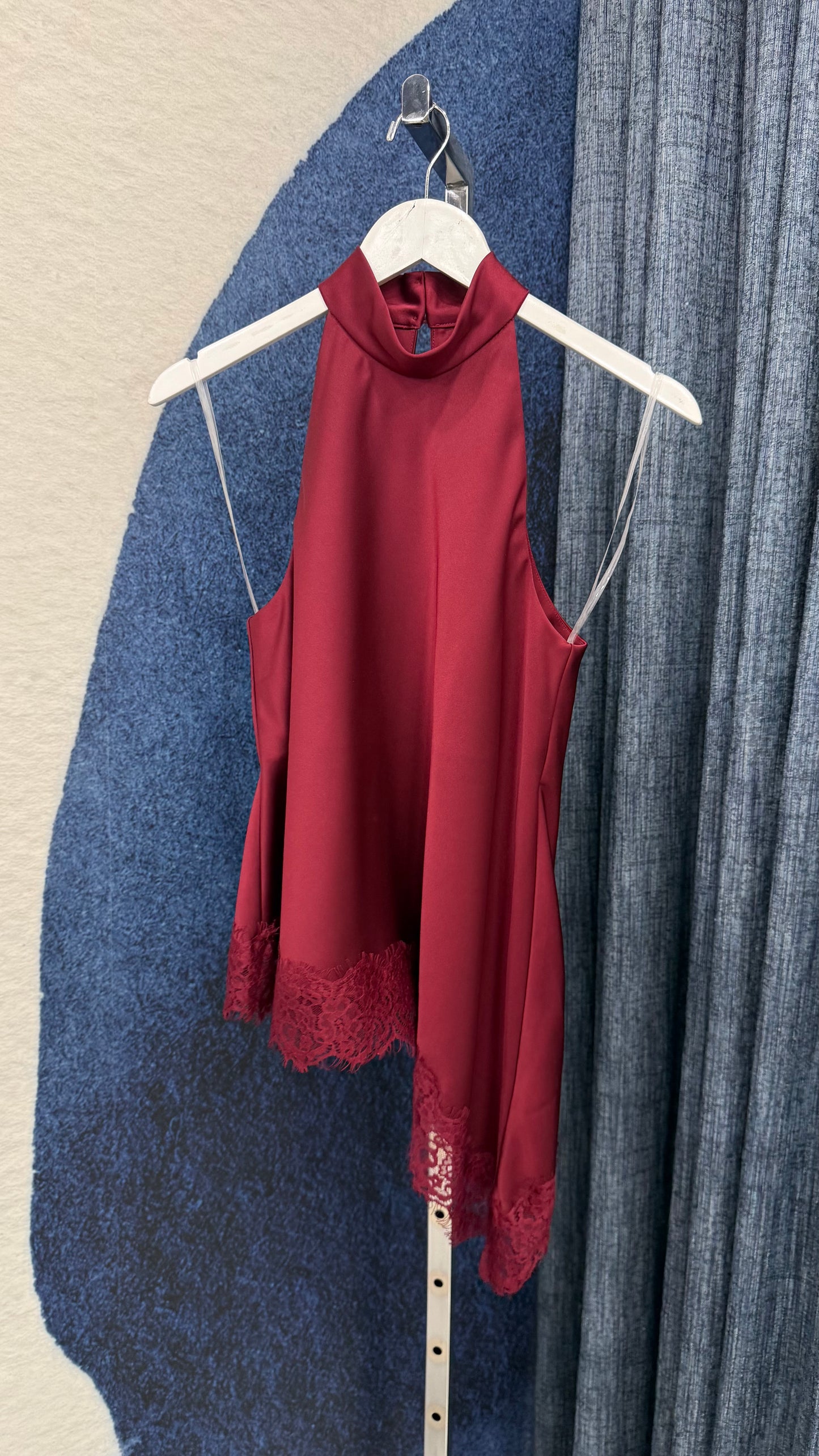 Asymmetric Satin & Lace Top Wine