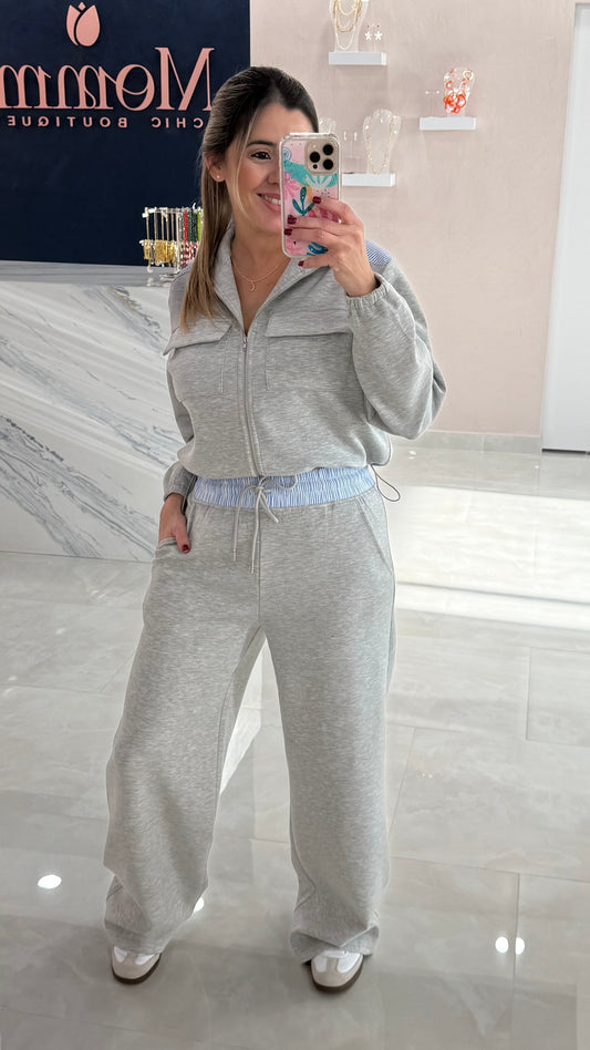 Cloud Contrast Zip Jacket & Pant Set Gray