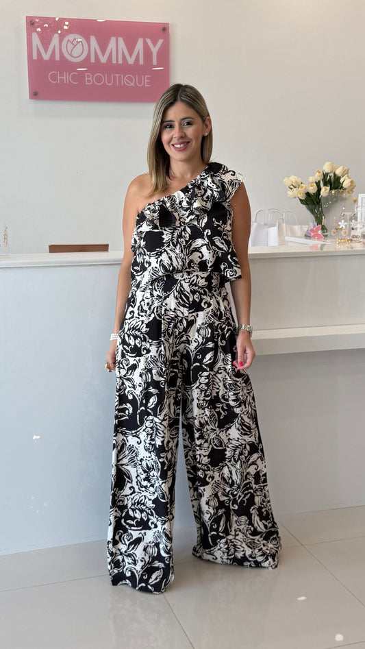 Printed One Shoulder Top & Pant Set Black