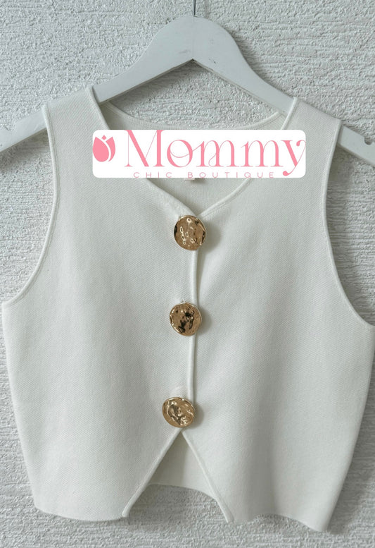 Gold Button Vest Top Off White