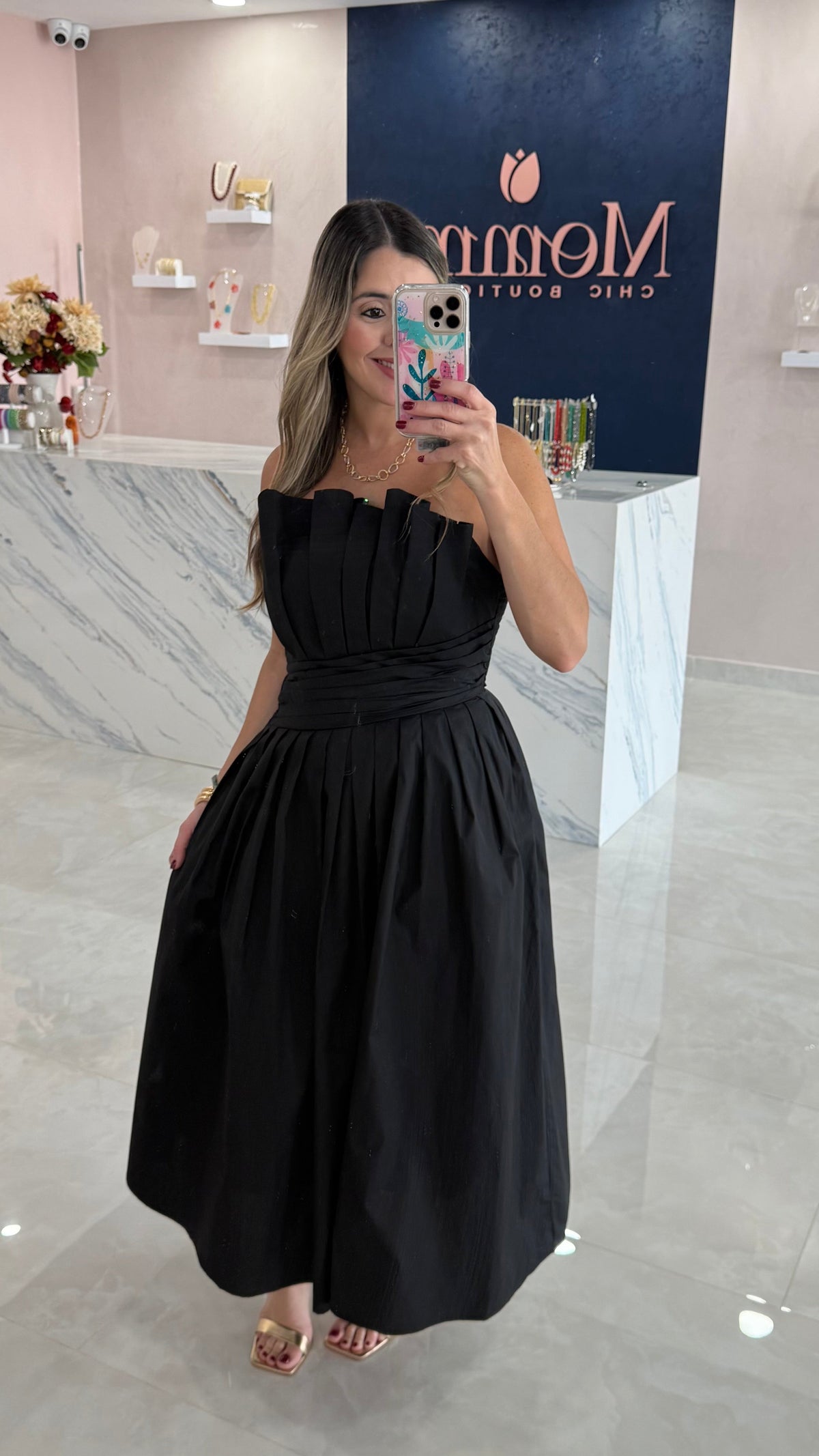 Strapless Pleated Midi Dress Black